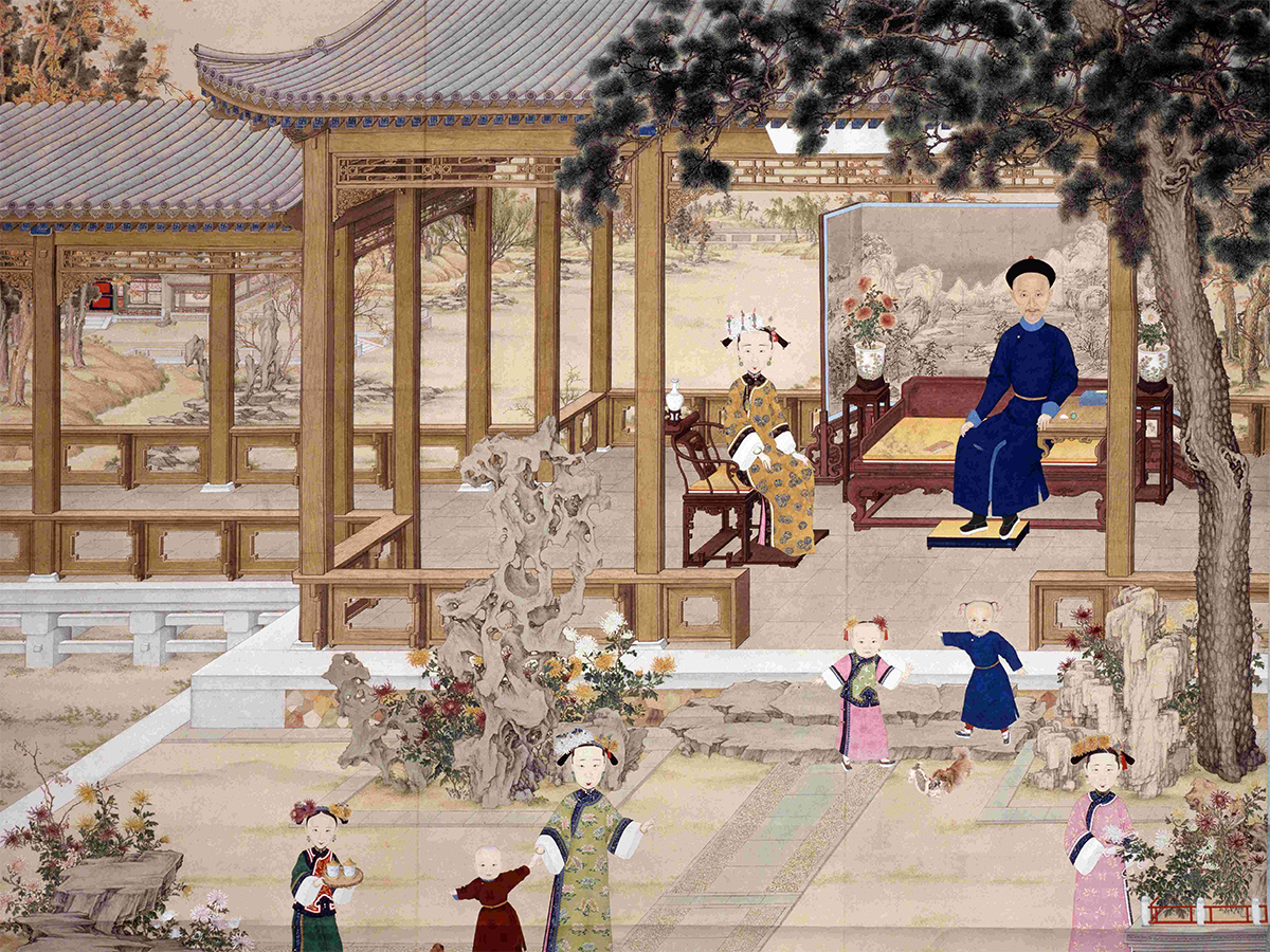 Autumn Courtyard Overflowing with Happiness
He Shikui (d. ca. 1844)
Qing dynasty, Daoguang period, 1833–1834
Hanging scroll, ink and colours on paper
The Palace Museum

©故宮博物院 Palace Museum